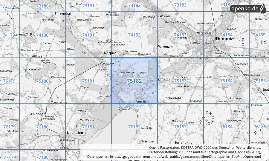 Übersichtskarte des KOSTRA-DWD-2020-Rasterfeldes Nr. 75182