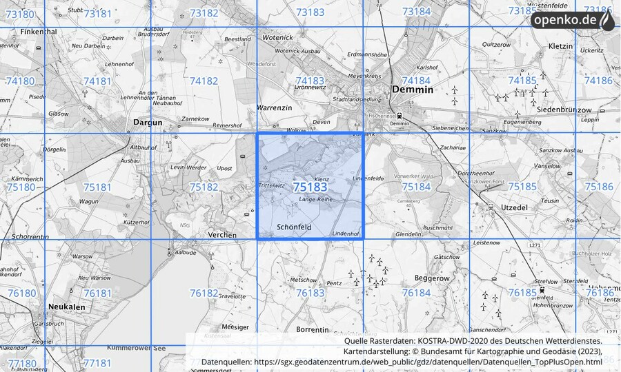 Übersichtskarte des KOSTRA-DWD-2020-Rasterfeldes Nr. 75183