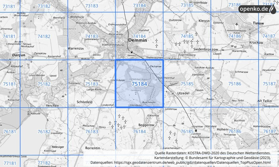 Übersichtskarte des KOSTRA-DWD-2020-Rasterfeldes Nr. 75184