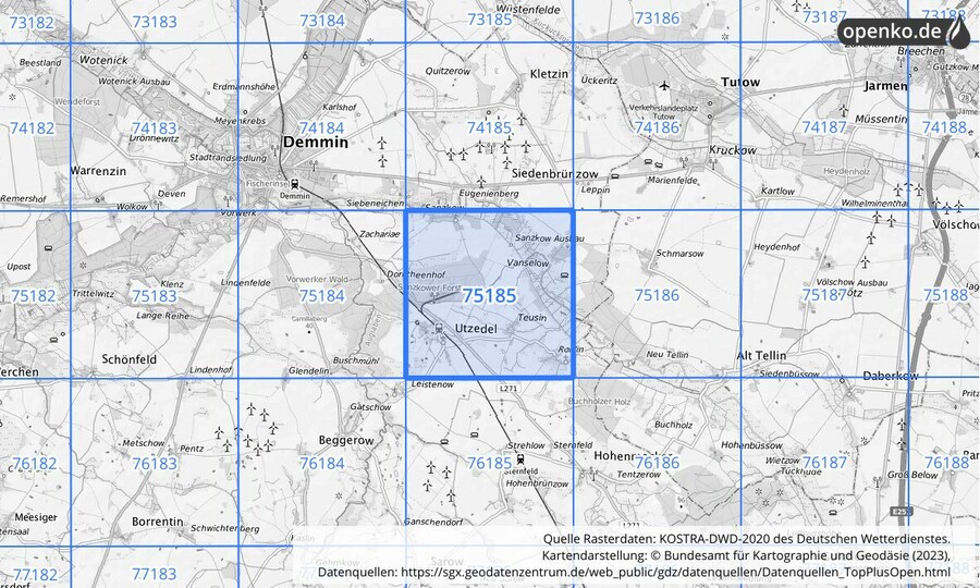Übersichtskarte des KOSTRA-DWD-2020-Rasterfeldes Nr. 75185