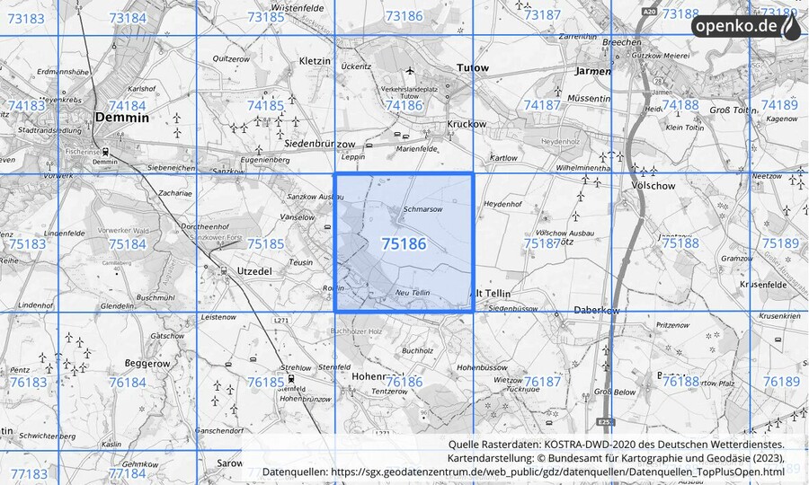 Übersichtskarte des KOSTRA-DWD-2020-Rasterfeldes Nr. 75186