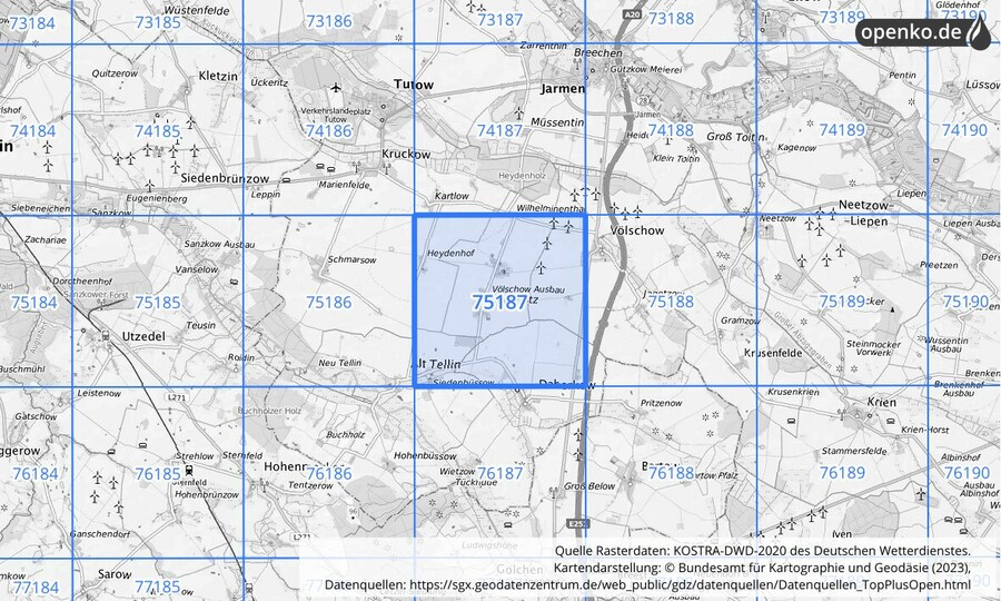 Übersichtskarte des KOSTRA-DWD-2020-Rasterfeldes Nr. 75187