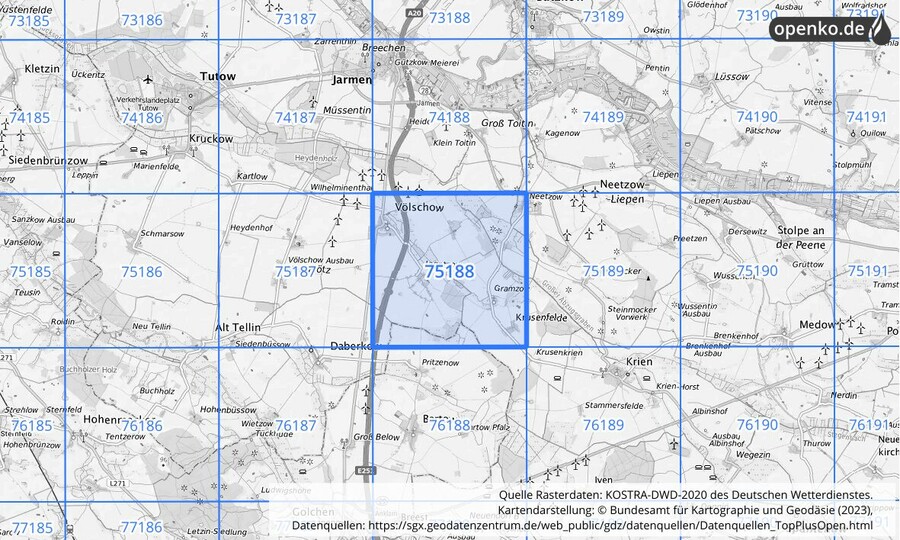 Übersichtskarte des KOSTRA-DWD-2020-Rasterfeldes Nr. 75188