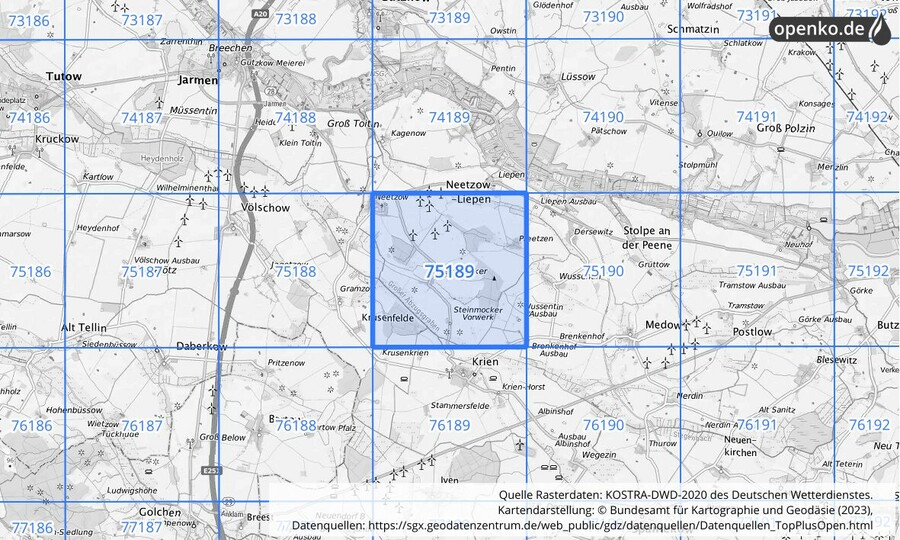 Übersichtskarte des KOSTRA-DWD-2020-Rasterfeldes Nr. 75189