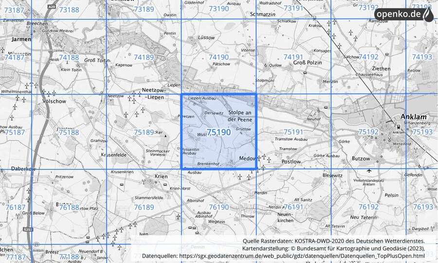 Übersichtskarte des KOSTRA-DWD-2020-Rasterfeldes Nr. 75190