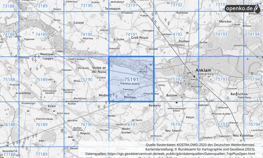 Übersichtskarte des KOSTRA-DWD-2020-Rasterfeldes Nr. 75191