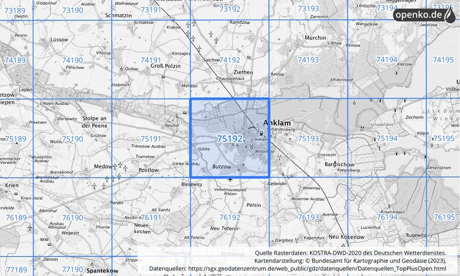 Übersichtskarte des KOSTRA-DWD-2020-Rasterfeldes Nr. 75192