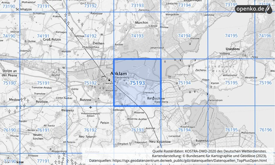 Übersichtskarte des KOSTRA-DWD-2020-Rasterfeldes Nr. 75193