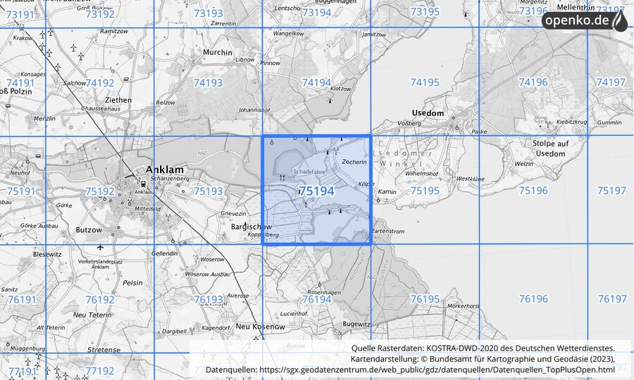 Übersichtskarte des KOSTRA-DWD-2020-Rasterfeldes Nr. 75194