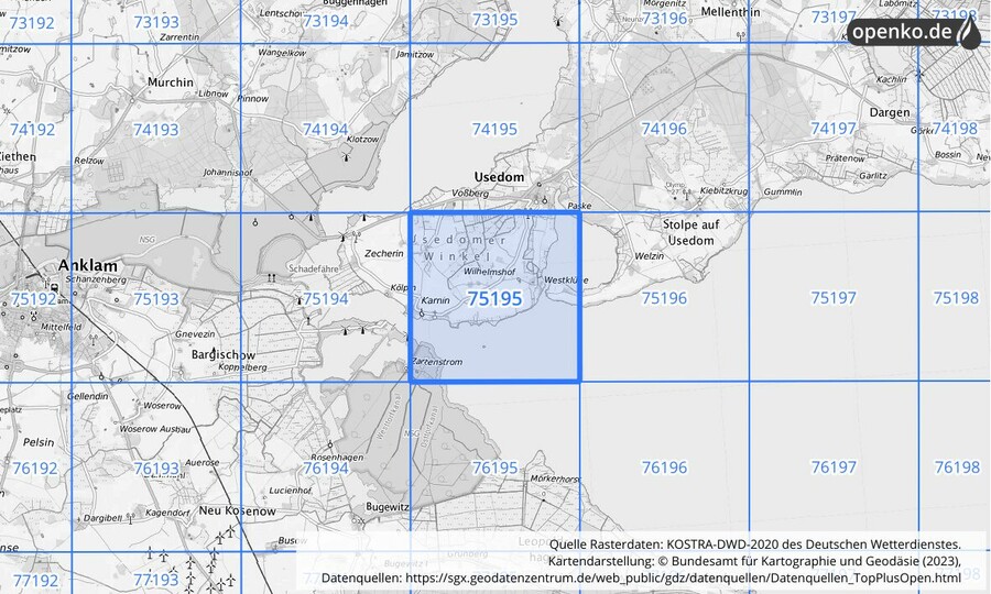 Übersichtskarte des KOSTRA-DWD-2020-Rasterfeldes Nr. 75195