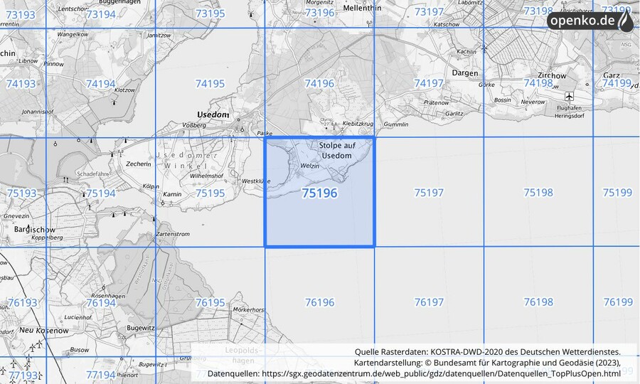 Übersichtskarte des KOSTRA-DWD-2020-Rasterfeldes Nr. 75196