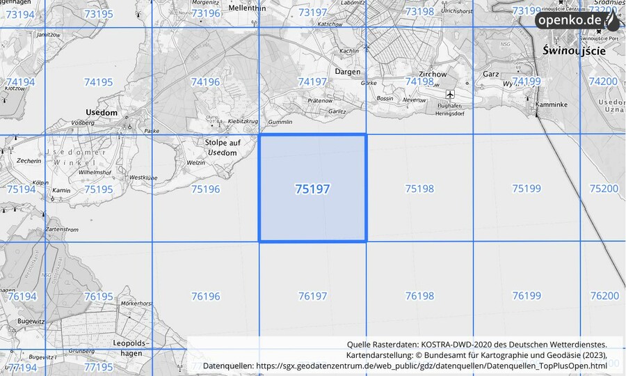 Übersichtskarte des KOSTRA-DWD-2020-Rasterfeldes Nr. 75197