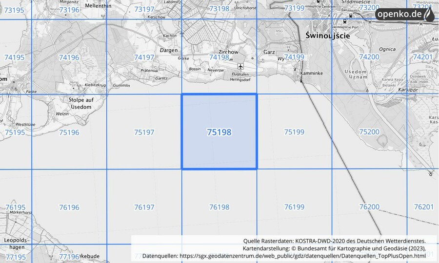 Übersichtskarte des KOSTRA-DWD-2020-Rasterfeldes Nr. 75198