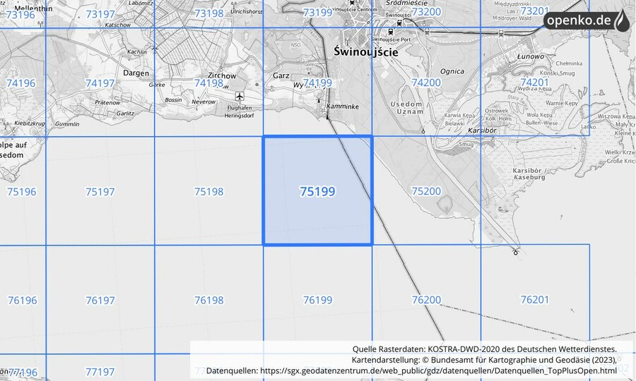 Übersichtskarte des KOSTRA-DWD-2020-Rasterfeldes Nr. 75199