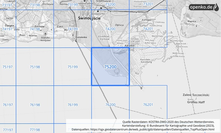 Übersichtskarte des KOSTRA-DWD-2020-Rasterfeldes Nr. 75200