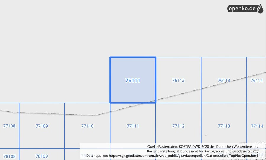 Übersichtskarte des KOSTRA-DWD-2020-Rasterfeldes Nr. 76111