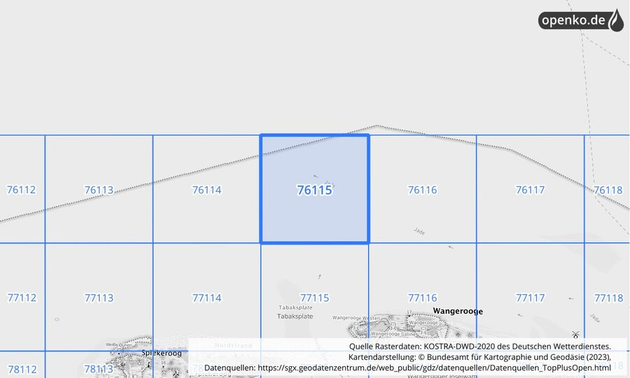 Übersichtskarte des KOSTRA-DWD-2020-Rasterfeldes Nr. 76115