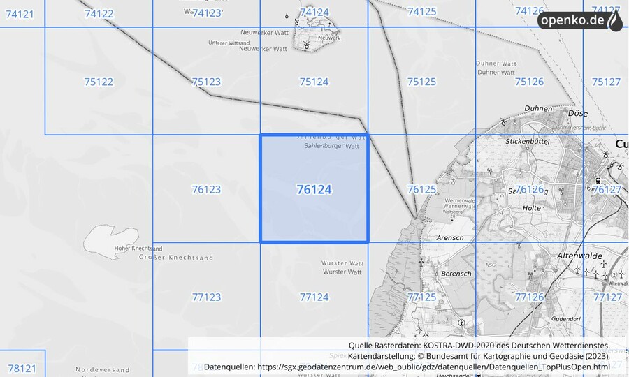 Übersichtskarte des KOSTRA-DWD-2020-Rasterfeldes Nr. 76124