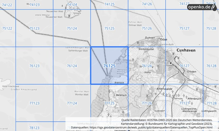 Übersichtskarte des KOSTRA-DWD-2020-Rasterfeldes Nr. 76125