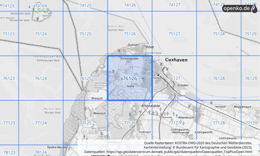 Übersichtskarte des KOSTRA-DWD-2020-Rasterfeldes Nr. 76126