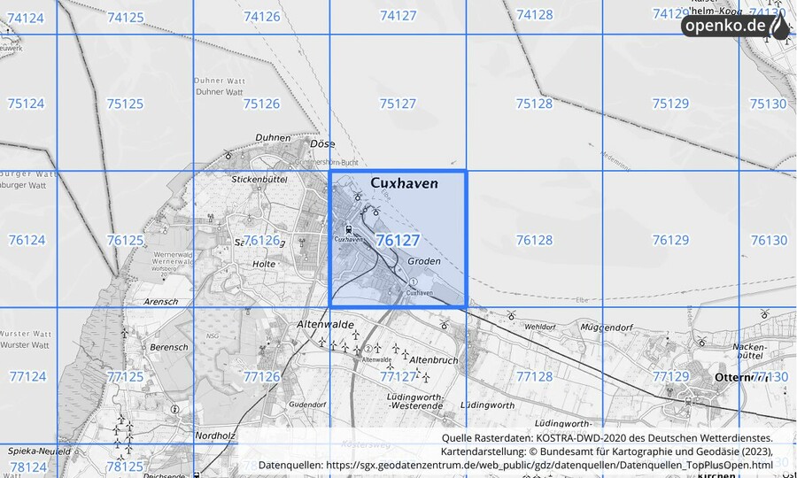 Übersichtskarte des KOSTRA-DWD-2020-Rasterfeldes Nr. 76127