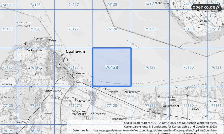 Übersichtskarte des KOSTRA-DWD-2020-Rasterfeldes Nr. 76128