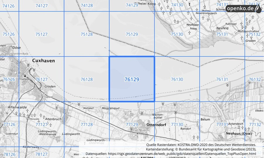Übersichtskarte des KOSTRA-DWD-2020-Rasterfeldes Nr. 76129