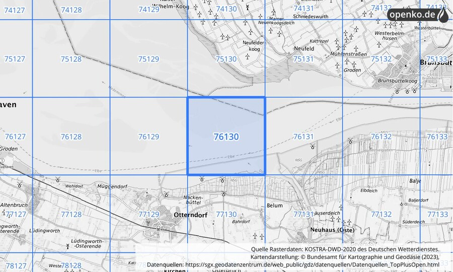 Übersichtskarte des KOSTRA-DWD-2020-Rasterfeldes Nr. 76130