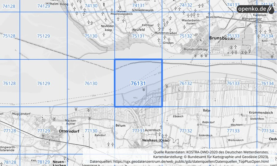 Übersichtskarte des KOSTRA-DWD-2020-Rasterfeldes Nr. 76131