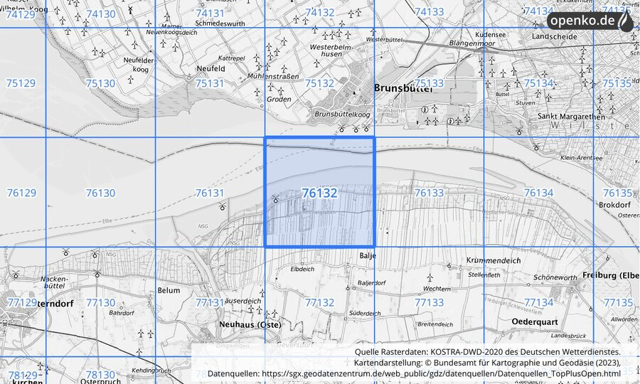 Übersichtskarte des KOSTRA-DWD-2020-Rasterfeldes Nr. 76132