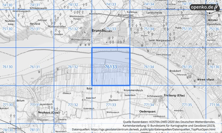 Übersichtskarte des KOSTRA-DWD-2020-Rasterfeldes Nr. 76133