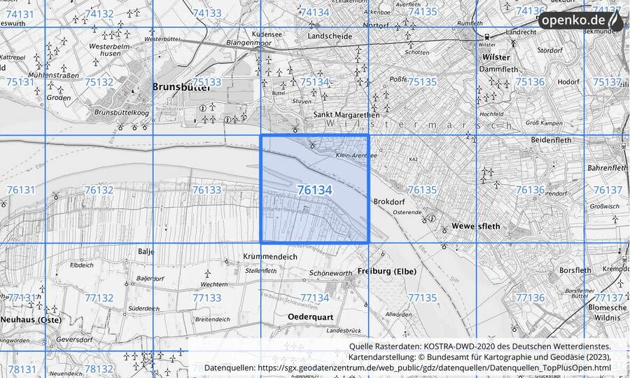 Übersichtskarte des KOSTRA-DWD-2020-Rasterfeldes Nr. 76134