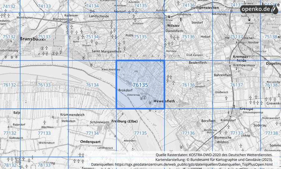 Übersichtskarte des KOSTRA-DWD-2020-Rasterfeldes Nr. 76135