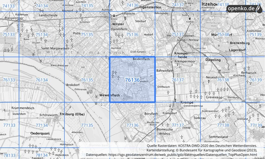 Übersichtskarte des KOSTRA-DWD-2020-Rasterfeldes Nr. 76136