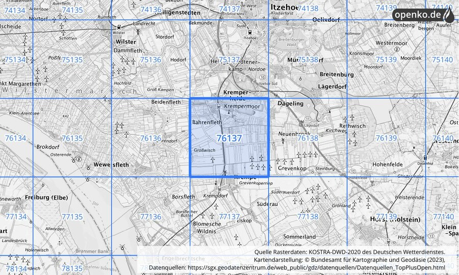 Übersichtskarte des KOSTRA-DWD-2020-Rasterfeldes Nr. 76137