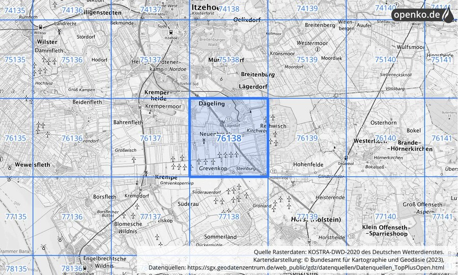 Übersichtskarte des KOSTRA-DWD-2020-Rasterfeldes Nr. 76138