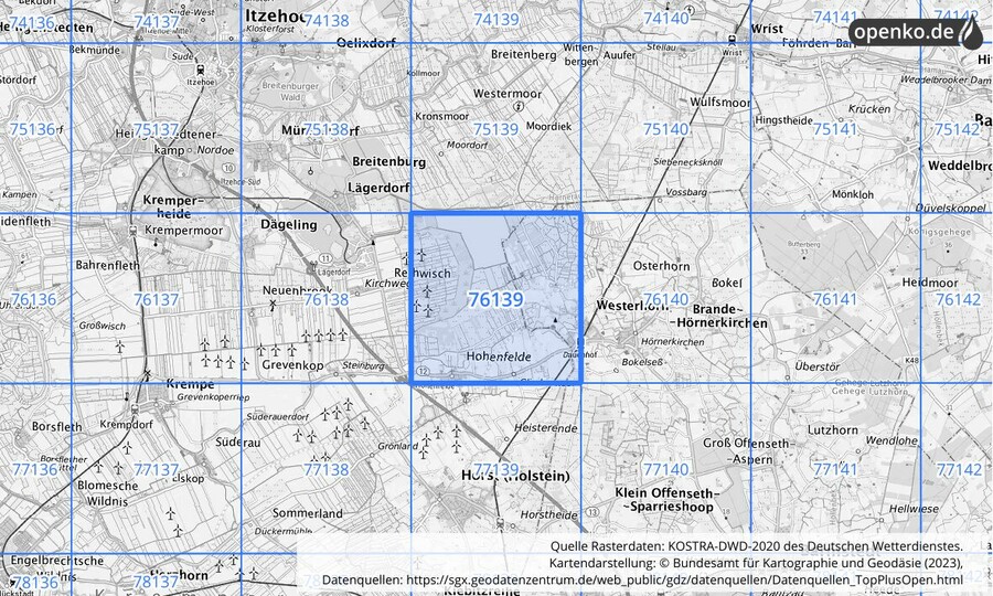 Übersichtskarte des KOSTRA-DWD-2020-Rasterfeldes Nr. 76139