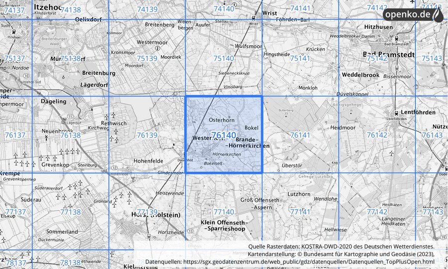 Übersichtskarte des KOSTRA-DWD-2020-Rasterfeldes Nr. 76140