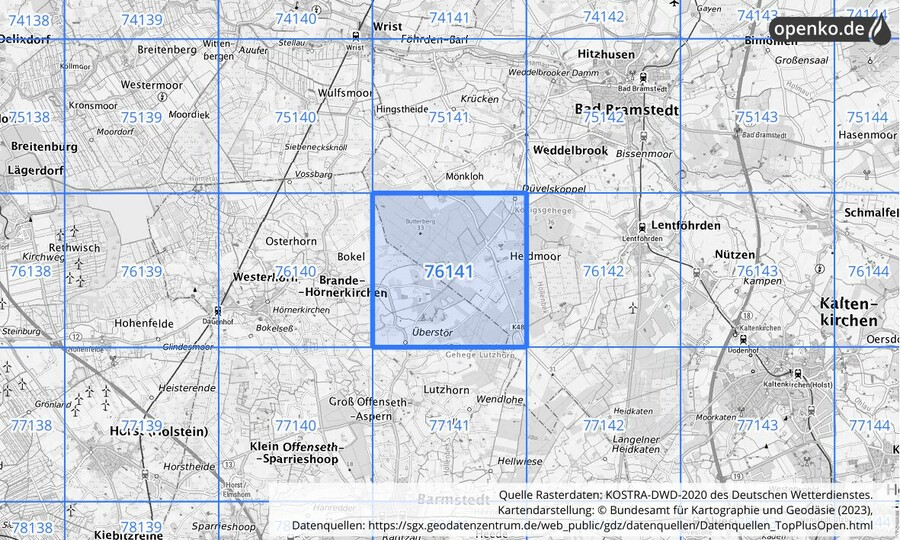 Übersichtskarte des KOSTRA-DWD-2020-Rasterfeldes Nr. 76141