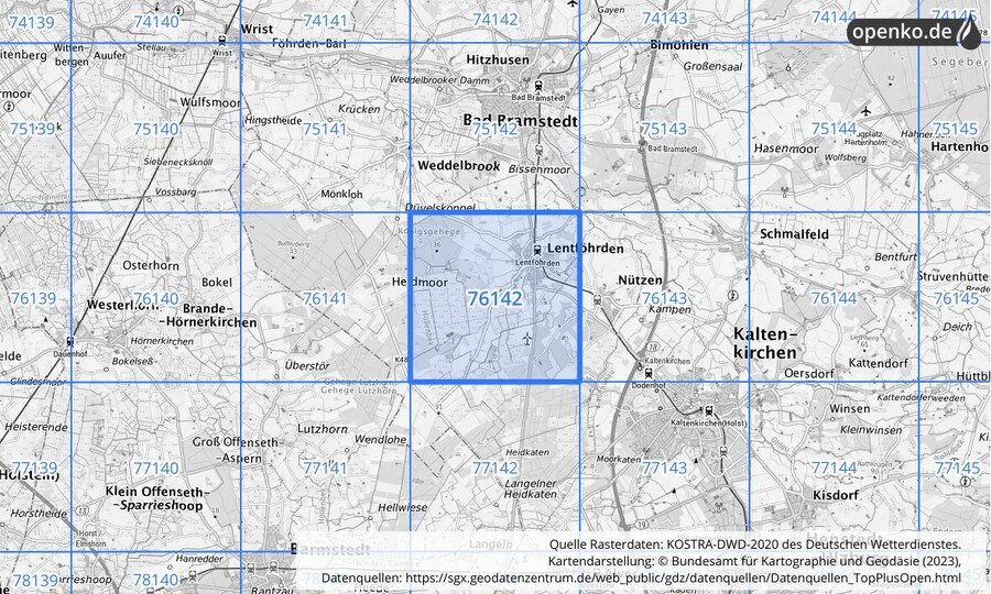 Übersichtskarte des KOSTRA-DWD-2020-Rasterfeldes Nr. 76142