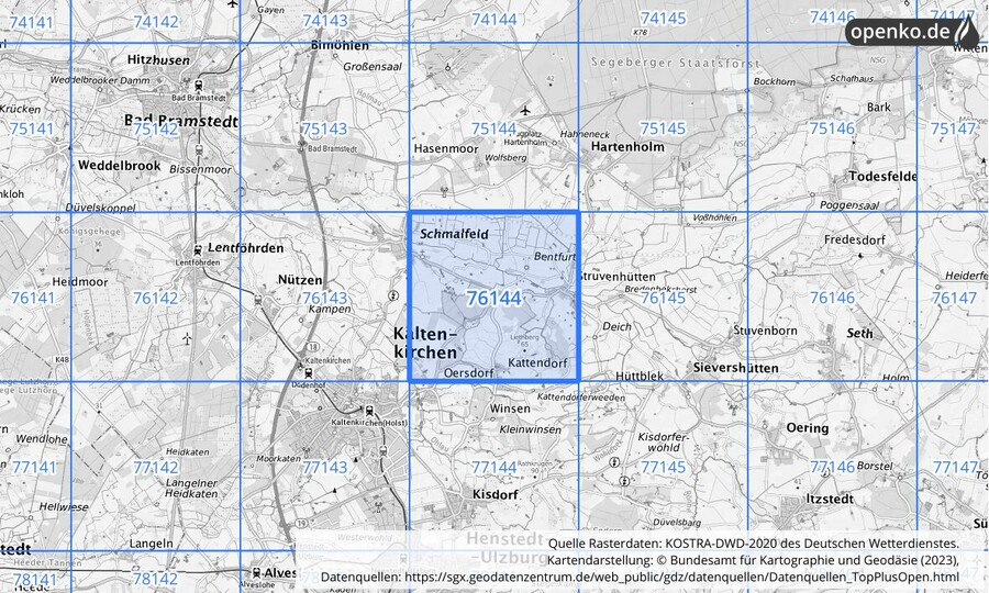 Übersichtskarte des KOSTRA-DWD-2020-Rasterfeldes Nr. 76144