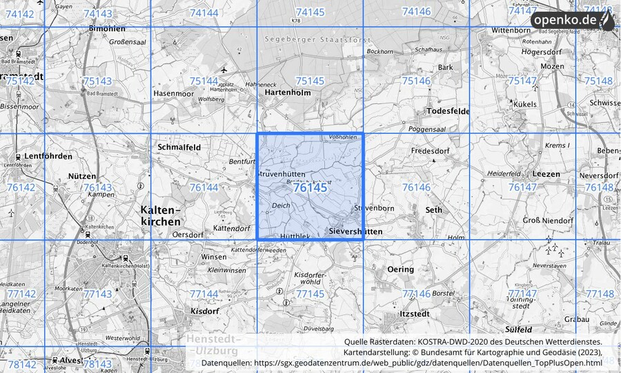 Übersichtskarte des KOSTRA-DWD-2020-Rasterfeldes Nr. 76145