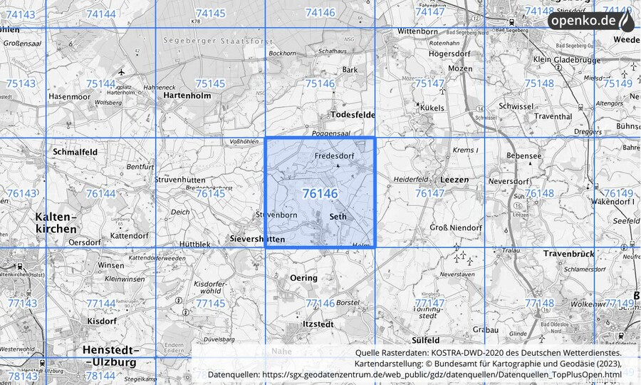 Übersichtskarte des KOSTRA-DWD-2020-Rasterfeldes Nr. 76146