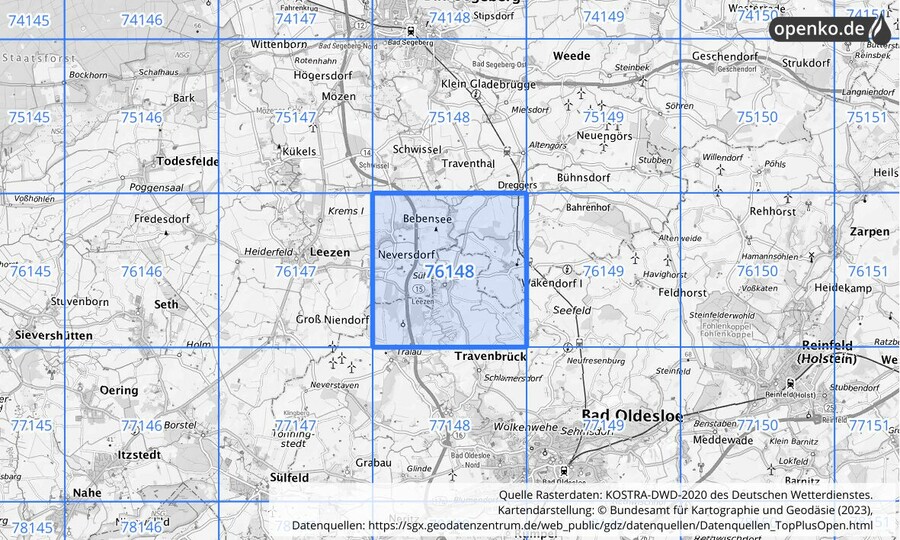 Übersichtskarte des KOSTRA-DWD-2020-Rasterfeldes Nr. 76148