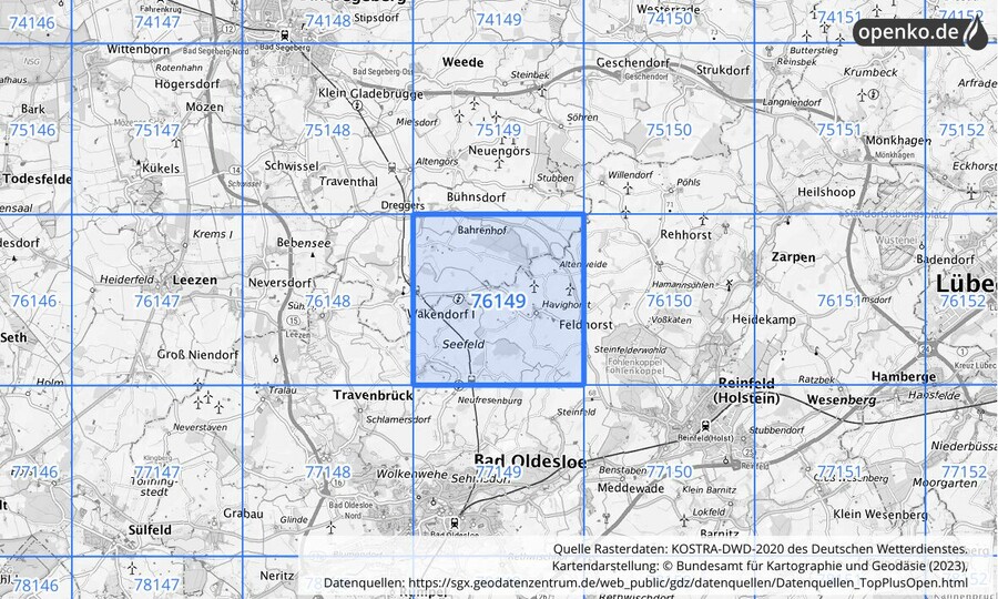 Übersichtskarte des KOSTRA-DWD-2020-Rasterfeldes Nr. 76149