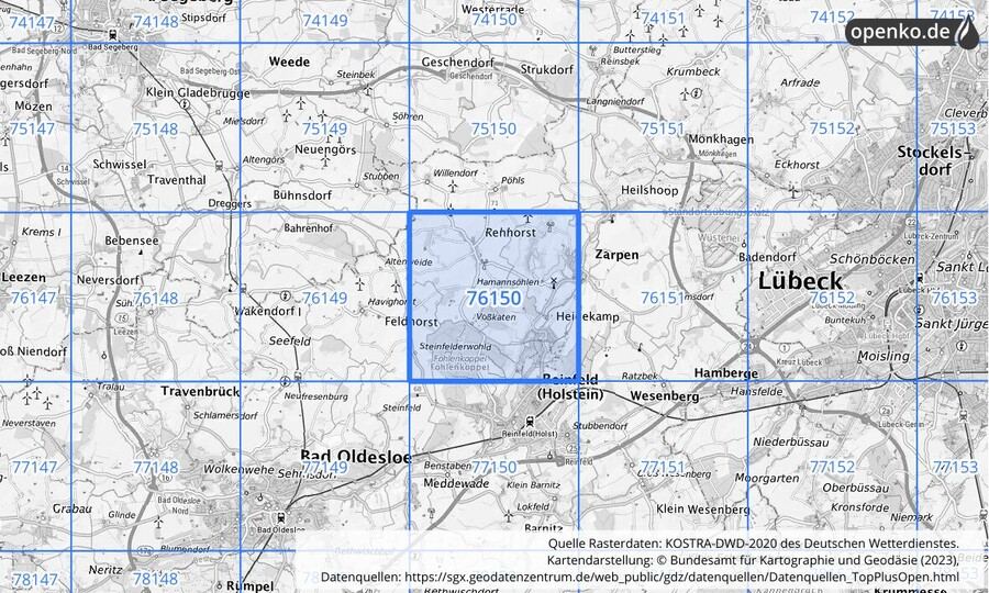 Übersichtskarte des KOSTRA-DWD-2020-Rasterfeldes Nr. 76150