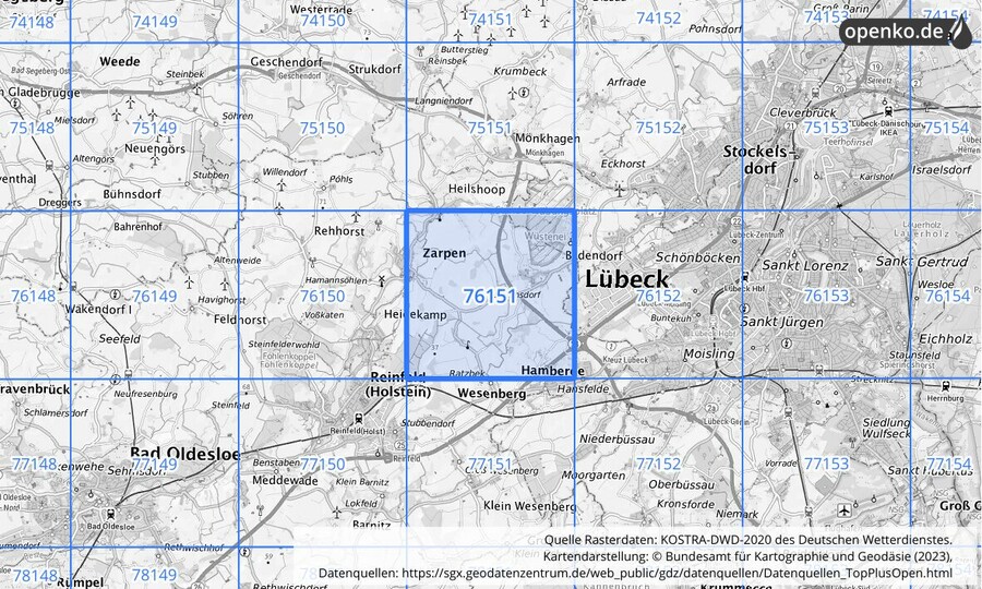 Übersichtskarte des KOSTRA-DWD-2020-Rasterfeldes Nr. 76151
