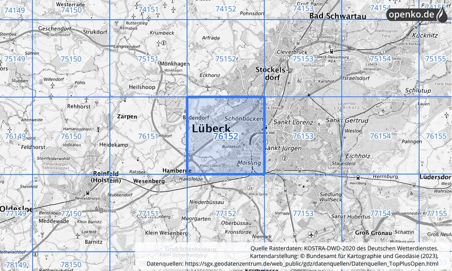 Übersichtskarte des KOSTRA-DWD-2020-Rasterfeldes Nr. 76152