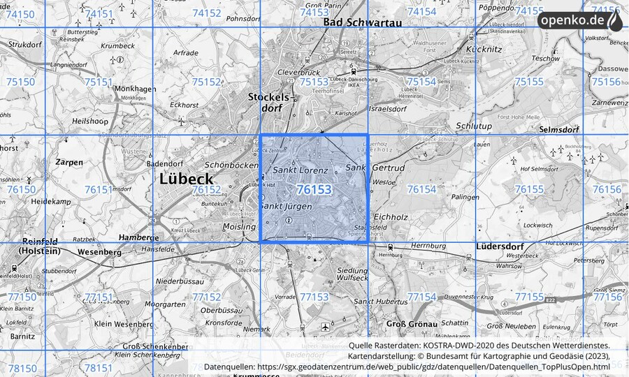 Übersichtskarte des KOSTRA-DWD-2020-Rasterfeldes Nr. 76153