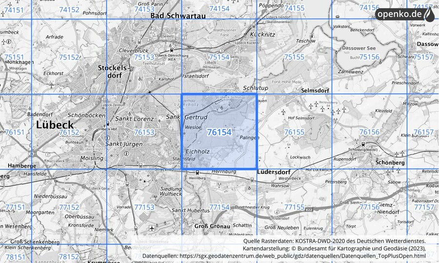 Übersichtskarte des KOSTRA-DWD-2020-Rasterfeldes Nr. 76154